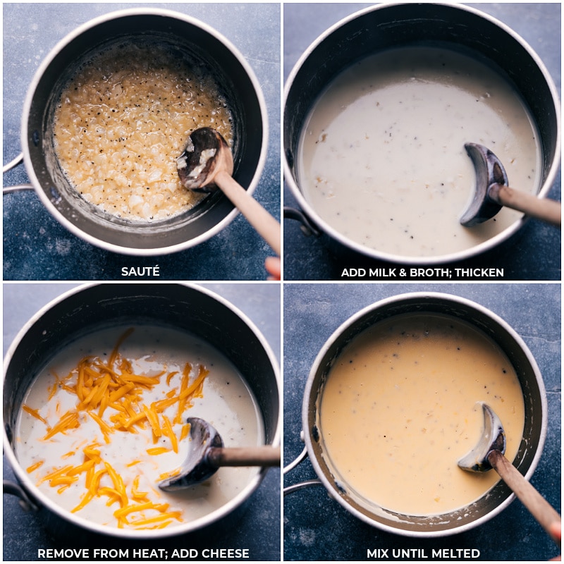 Creamy base ingredients cook together.