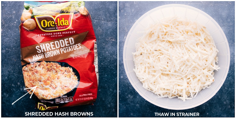 Process shots-- images of the shredded potatoes being thawed