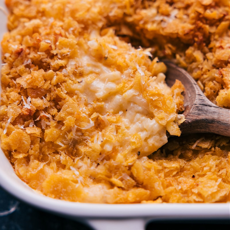Up close overhead image of the Funeral Potatoes