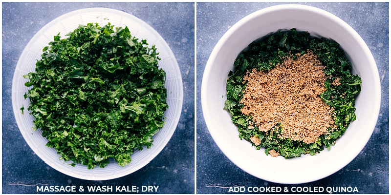 Process shots-- images of the cooked and cooled quinoa being added to the greens