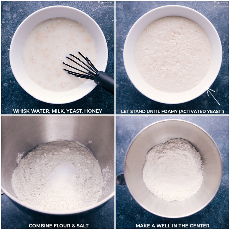 Process shots-- images of the water, milk, yeast, and honey being added to a bowl and rising; then flour and salt being added
