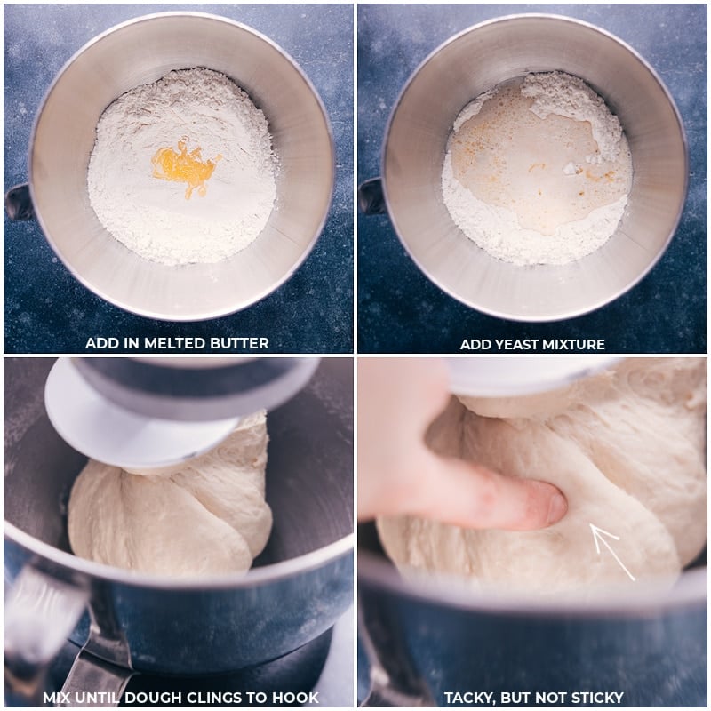 Process shots of Pretzel Bites-- images of the butter and yeast mixture being whisked together