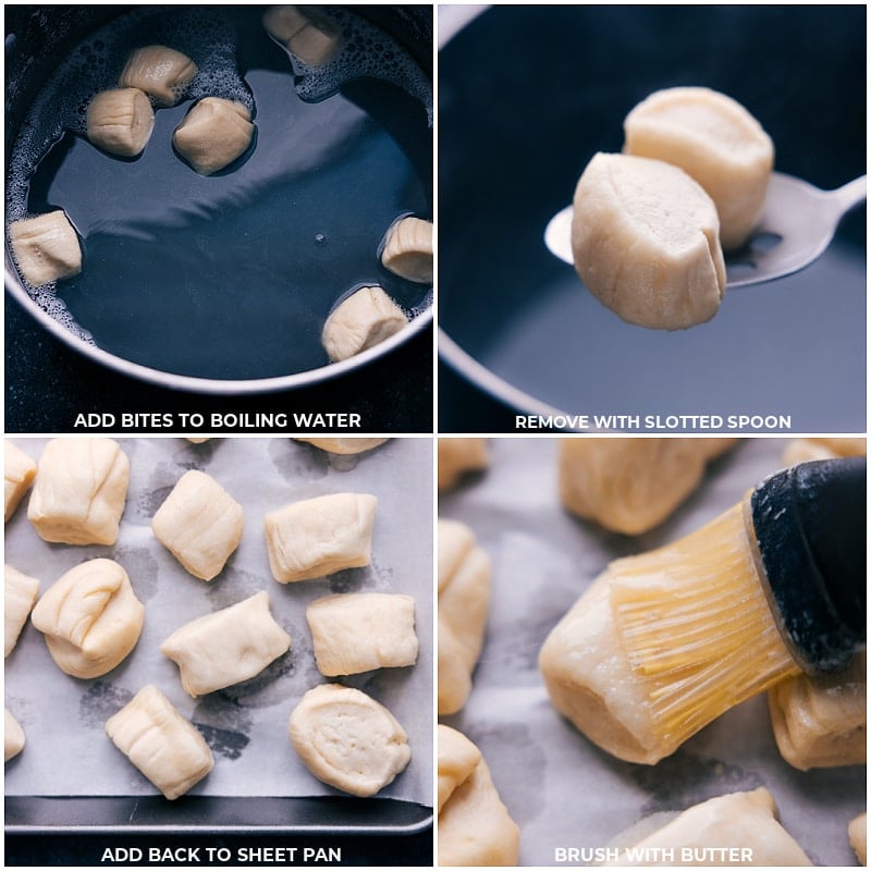 Process shots of Pretzel Bites-- images of the dough being transferred from the boiling water to a tray and being covered in butter