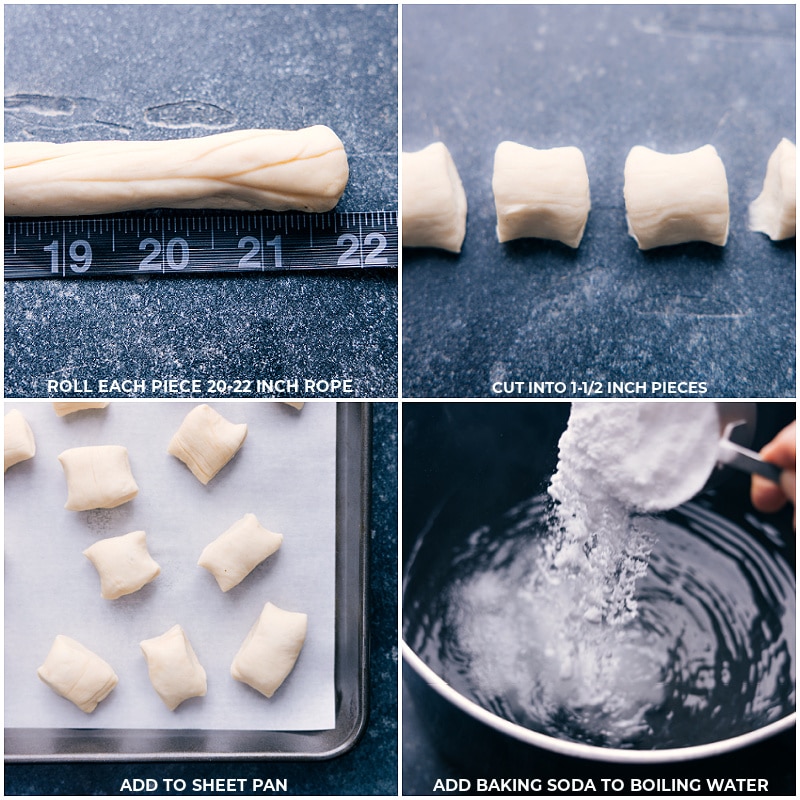 Process shots-- images of the dough being cut and added to the baking soda and boiling water
