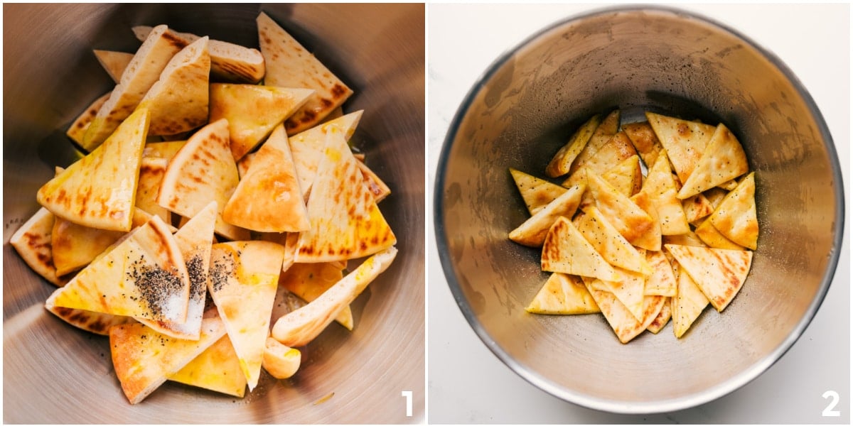 Pita bread cut into triangles, tossed with oil and seasonings, and mixed together for this Pita Chips Recipe.