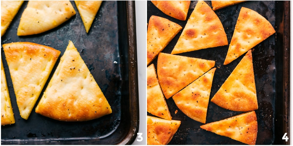Pita triangles baking until crisp and golden, ready to enjoy.