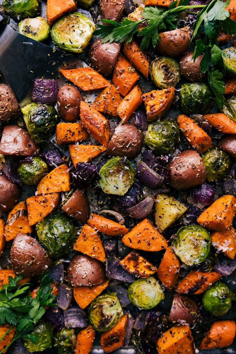 Overhead image of Roasted Vegetables on a tray