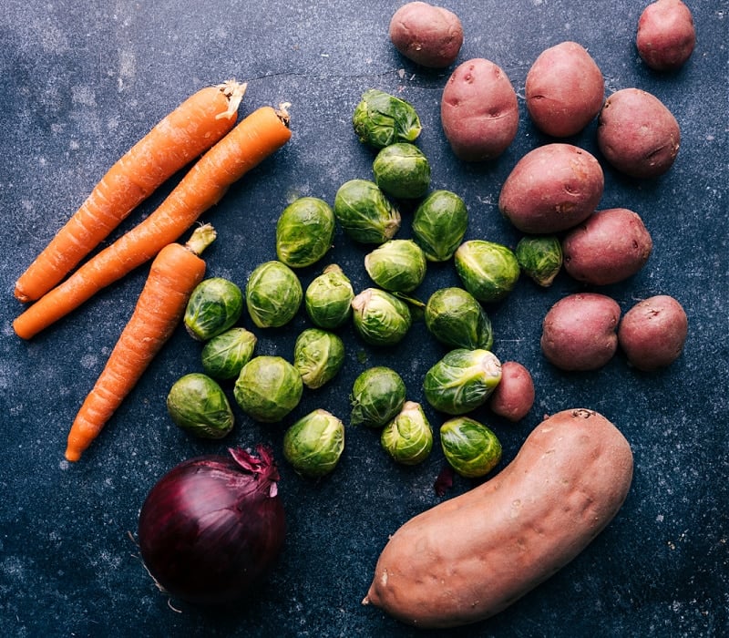 Overhead image of all the vegetables used in this dish