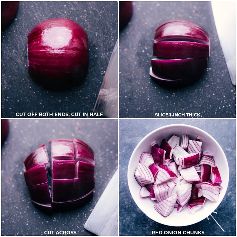 Process shots of Roasted Vegetables-- images of the onions being chopped