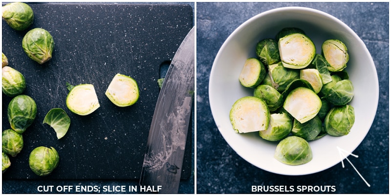 Process shots of Roasted Vegetables-- images of the Brussels sprouts being chopped