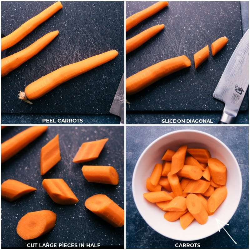 Process shots-- images of the carrots being chopped and prepped