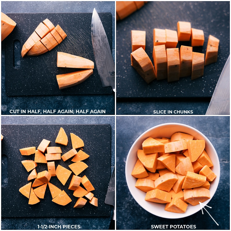 Process shots of Roasted Vegetables-- images of the sweet potatoes being chopped and prepped