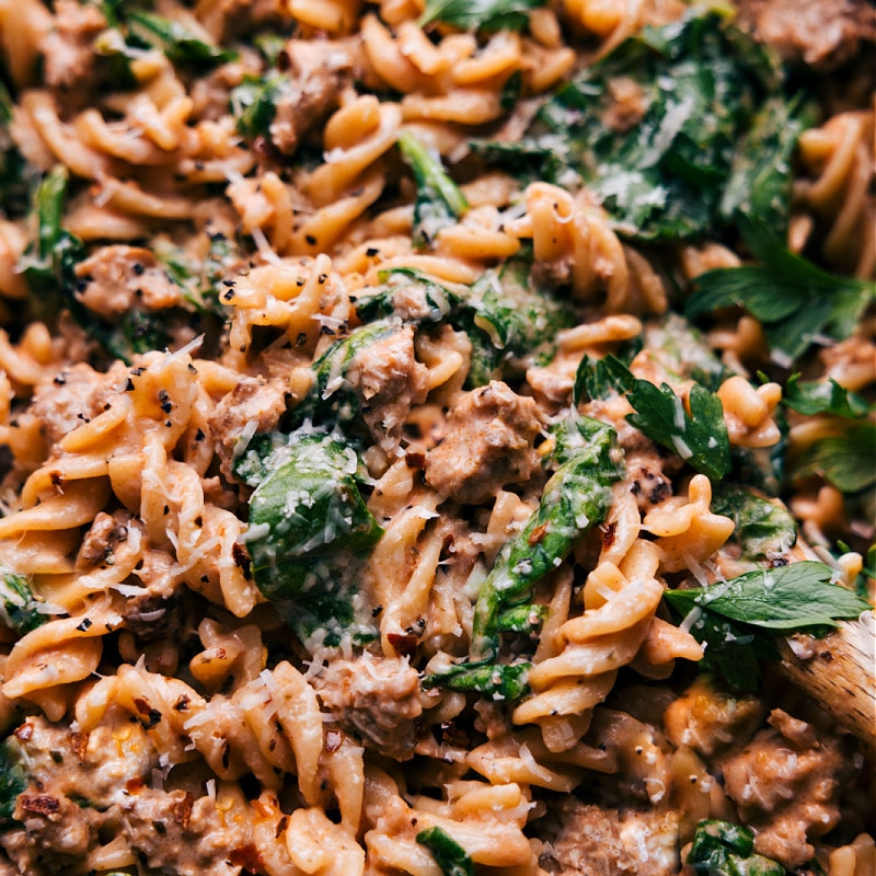 Up-close overhead image of Sausage Pasta ready to be enjoyed
