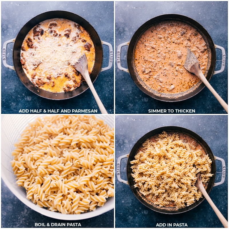 Process shots of Sausage Pasta-- images of the half and half, Parmesan cheese, and pasta being added into the dish