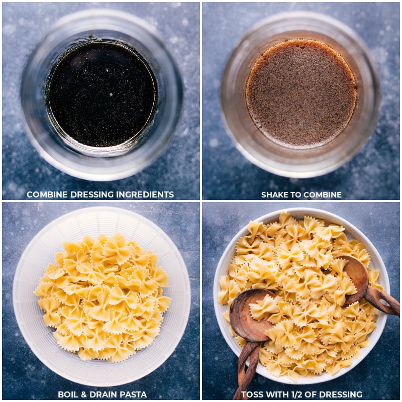 Process shots of Teriyaki Chicken Salad-- images of the dressing being made and then poured over the pasta