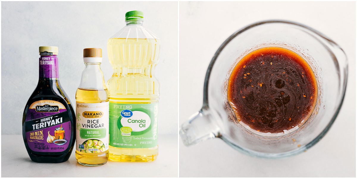 The simple 3-ingredient dressing Teriyaki Chicken Salad being whisked together.