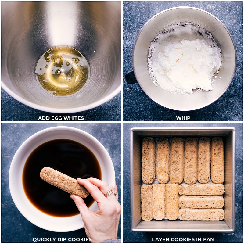 Process shots-- images of egg whites being whipped and then the lady fingers being dipped in the coffee