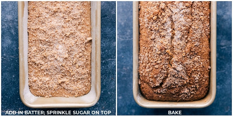 Process shots of Applesauce Bread-- images of the sugar topping being added and the bread being baked