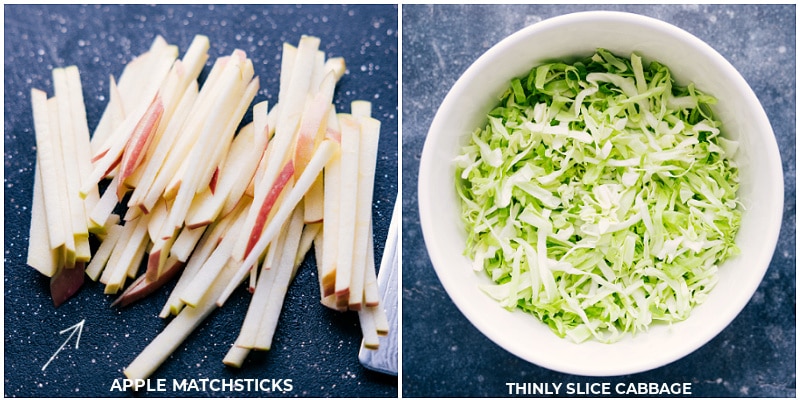 Process shots-- images of the apples being sliced in matchsticks and the cabbage being chopped