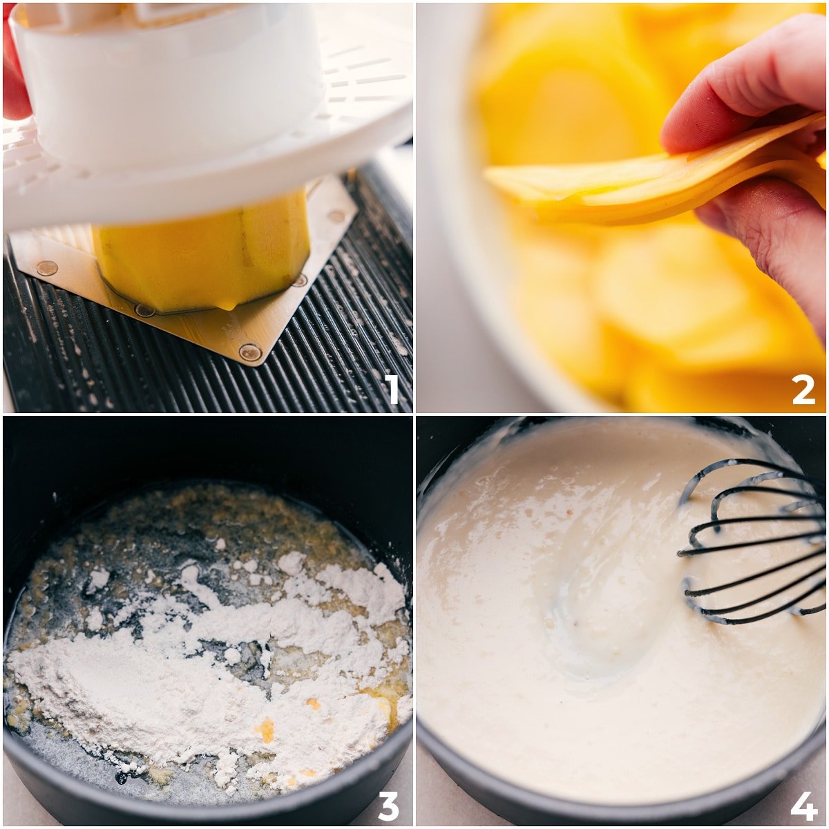Thinly sliced potatoes and a creamy sauce are being prepped for these au gratin potatoes.