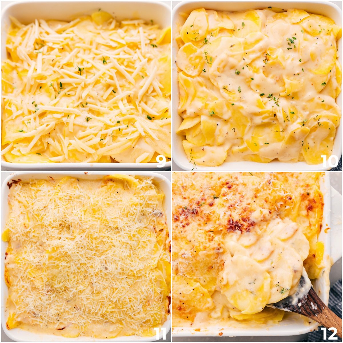 Assembling the ingredients for the au gratin potatoes, topping with Parmesan, and baking it all to perfection.