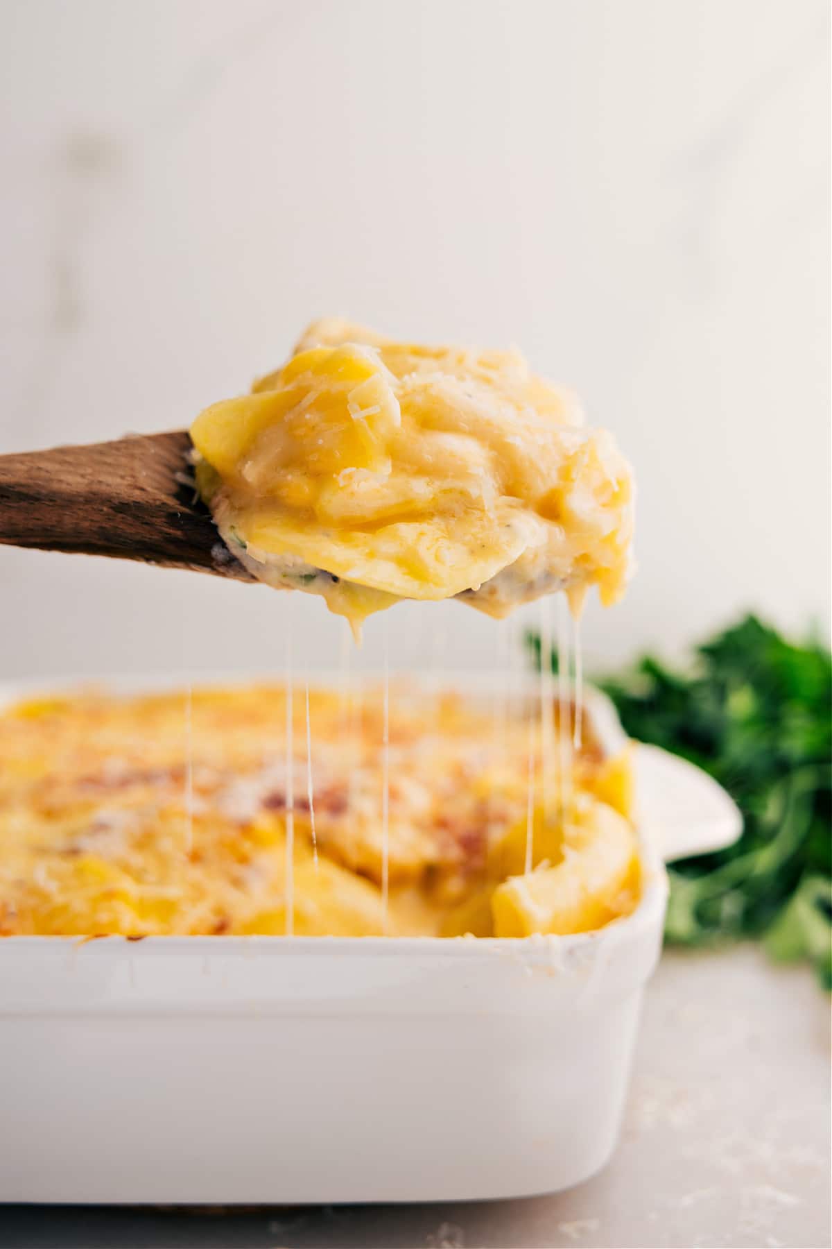 Scooping up the creamy, cheesy dish fresh from the oven.