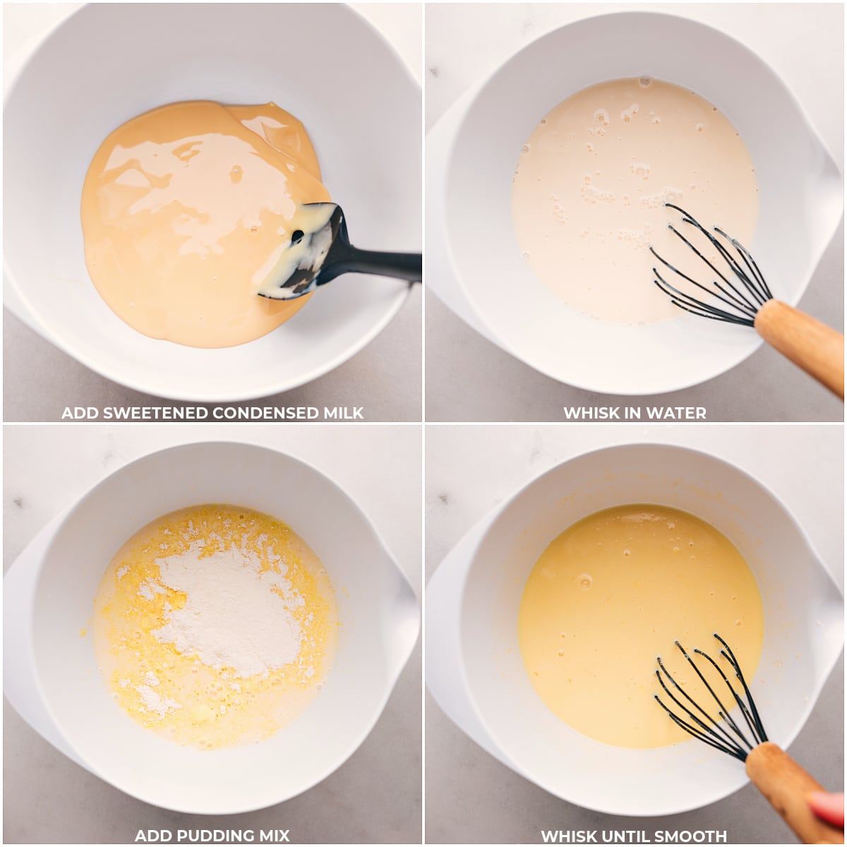 Sweetened condensed milk being added, followed by whisking in water, and then adding the pudding mix and whisking until smooth, the initial steps in preparing this easy banana pudding recipe.