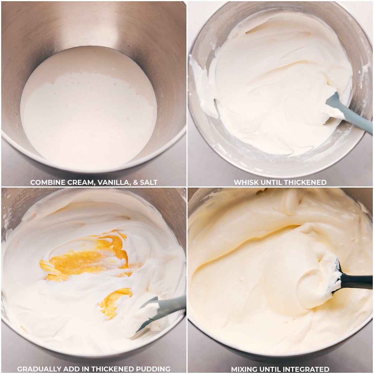In a separate bowl, cream, vanilla, and salt being whisked until thickened, followed by gradually adding the thickened pudding and mixing until fully integrated, creating a creamy base for this dessert. 