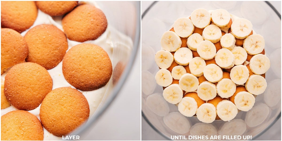 Begin layering with adding the pudding, followed by vanilla cookies and sliced bananas, then repeating these steps to create the gorgeous and delicious banana pudding recipes.