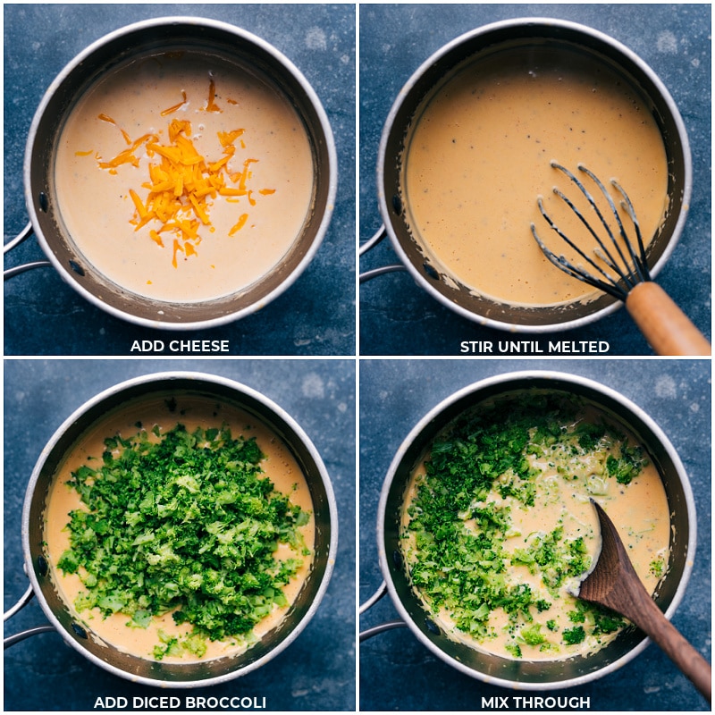 Process shots of Broccoli and Cheese Baked Potatoes-- images of the cheese being melted in and the diced broccoli being added