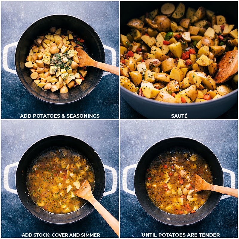 Process shots: Add potatoes and seasoning; sauté; add stock, cover and simmer until potatoes are tender.