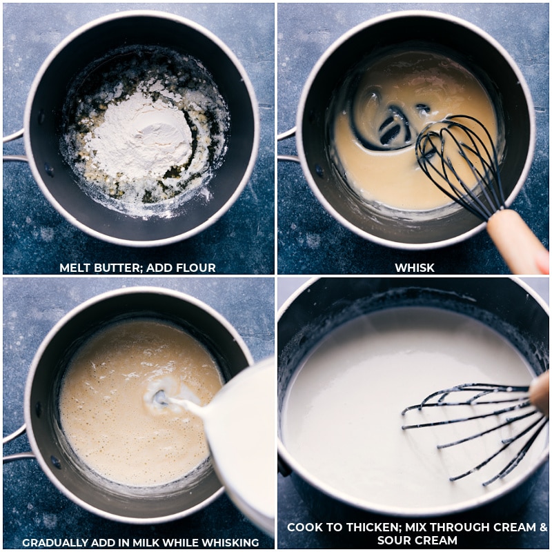 Process shots: melt butter and add flour; whisk to combine; add in milk while continuing to whisk; cook to thicken and add in cream and sour cream.