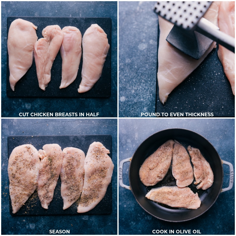 Process shots: Cut chicken breasts in half; pound to even thickness; season and then cook in olive oil.