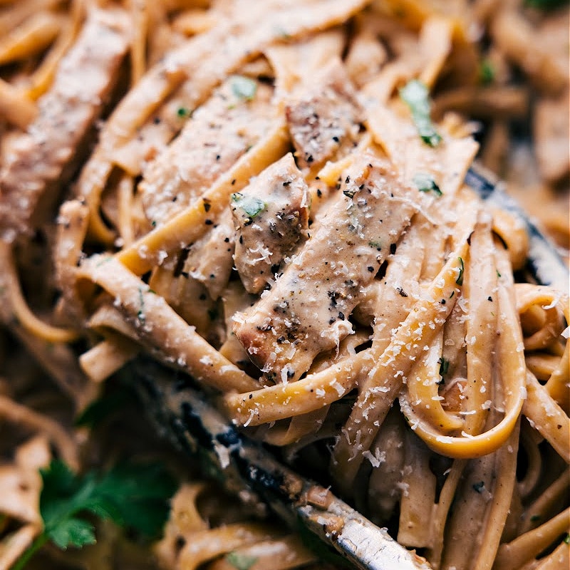 Close-up view of Chicken Alfredo