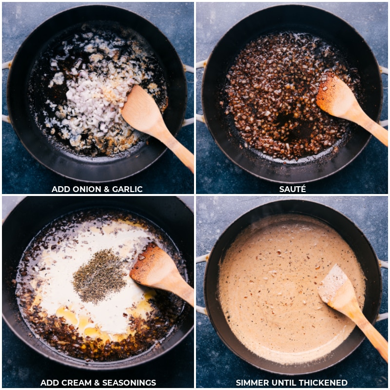 Process shots: Add onion and garlic to the pan and sauté; add cream and seasonings; simmer until thickened.