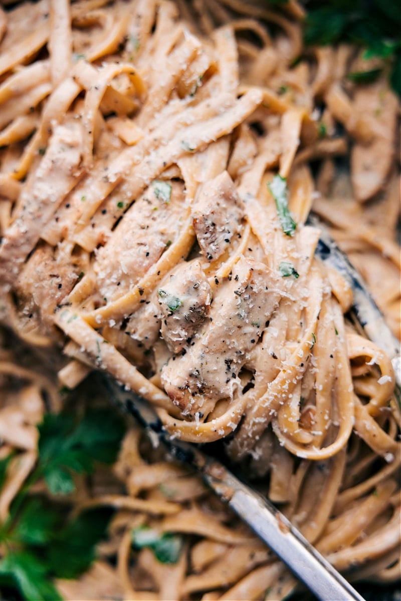 Close-up view of Chicken Alfredo