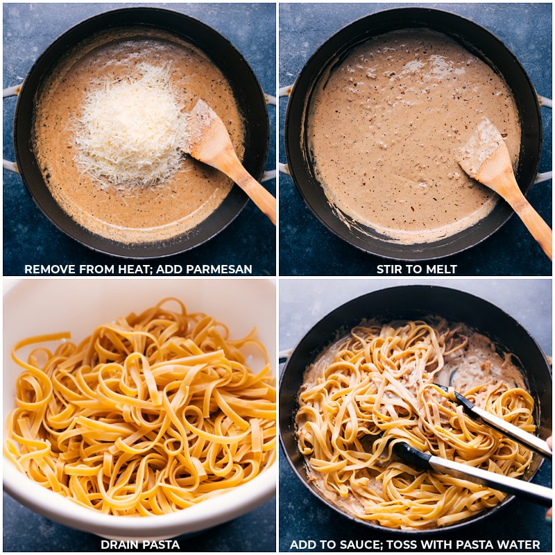 Process shots: Remove pan from heat and stir in Parmesan cheese; drain pasta; add to sauce and toss with pasta water.