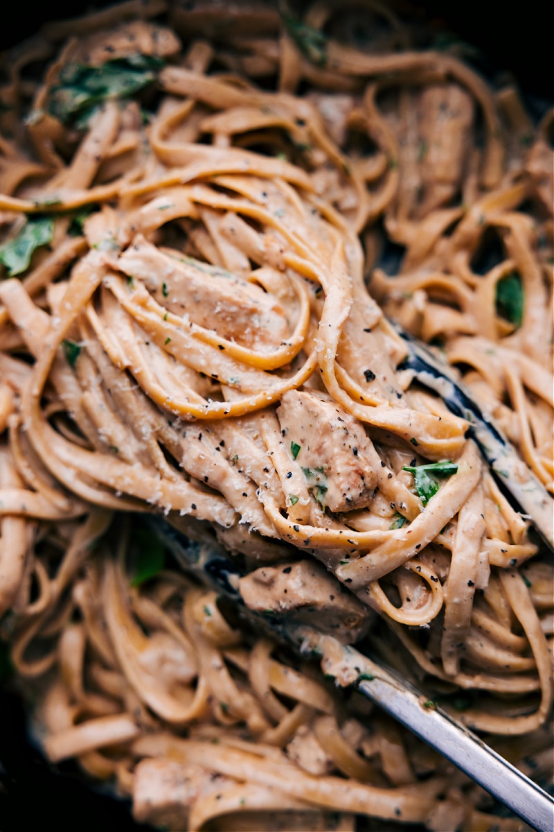 Overhead view of Chicken Alfredo