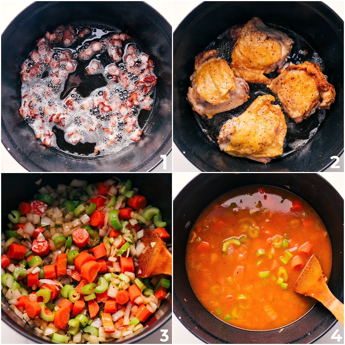 Bacon sizzling in the pot, followed by chicken searing in the leftover bacon grease, then veggies being sautéed and broth added to build flavor for this Chicken Stew Recipe.