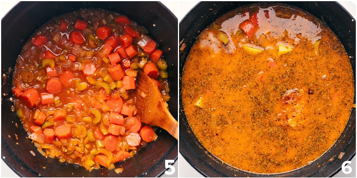 The stew simmering to create a rich, flavorful base before adding the remaining ingredients to the pot.