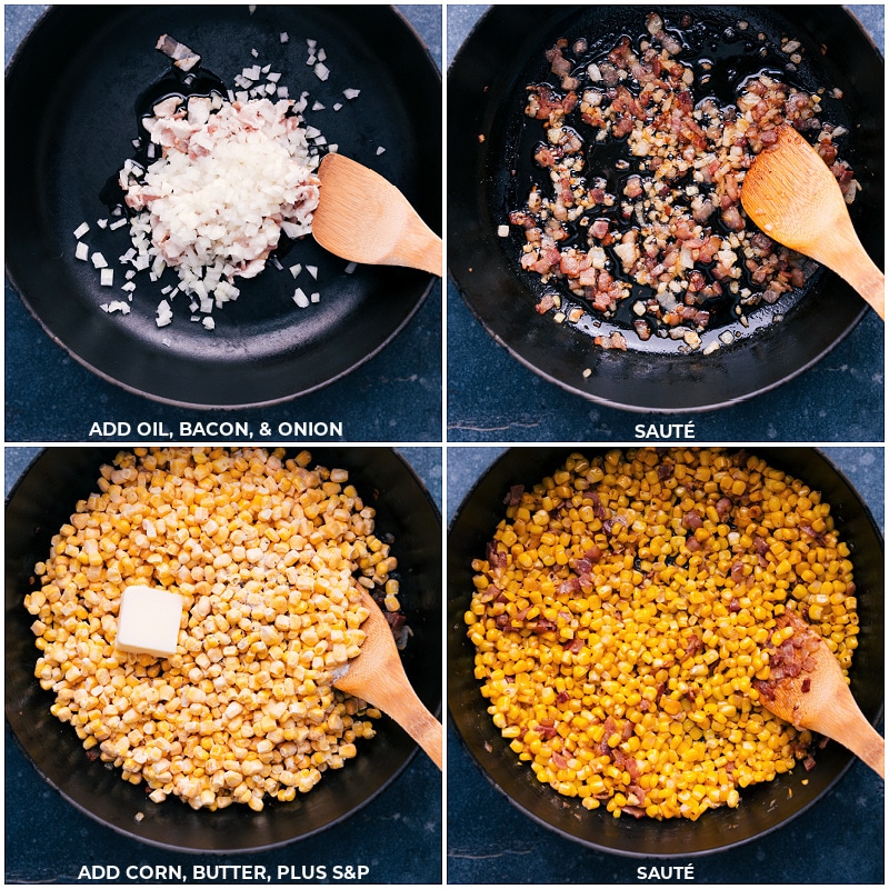 Process shots-- images of the oil, bacon, onion, corn, and butter being cooked together