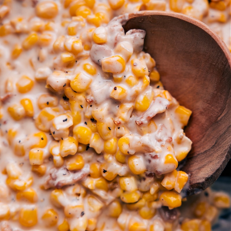 Up close overhead image of the creamed corn ready to be enjoyed
