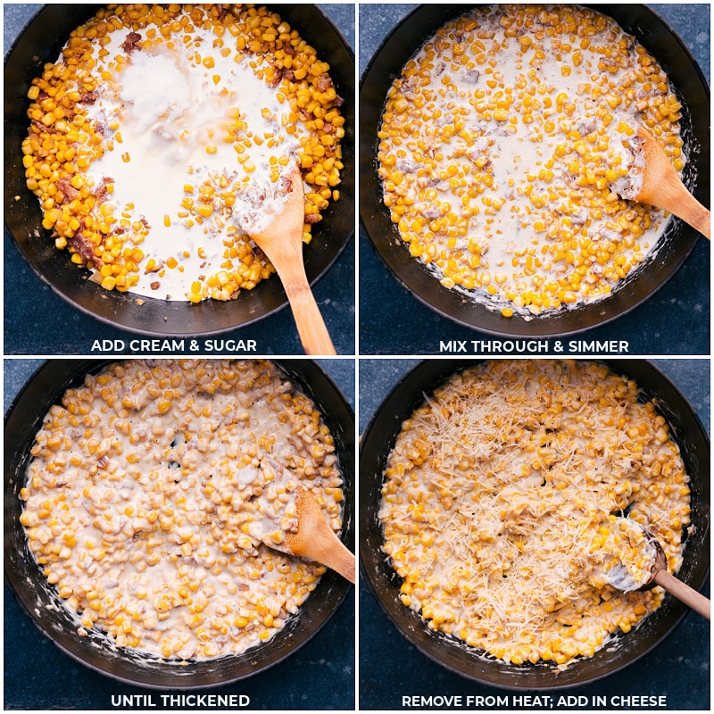 Process shots-- images of the cream, sugar, and cheese being added to the pot