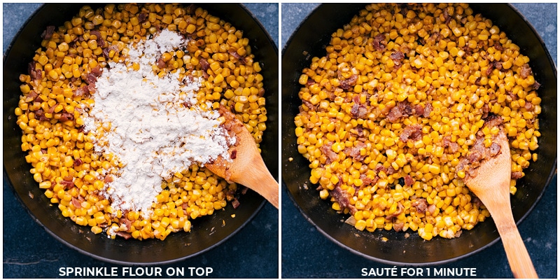 Process shots of Creamed Corn-- images of the flour being sprinkled on top