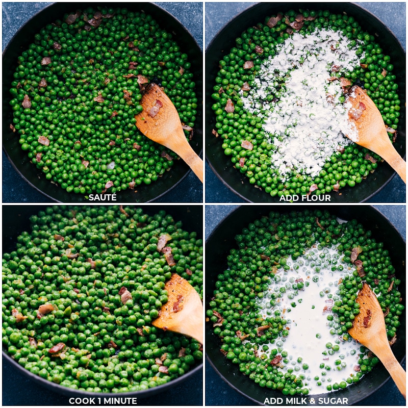 Process shots of creamed peas-- images of the flour, milk, and sugar being added to the pan