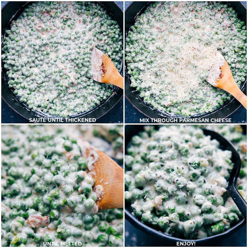 Process shots of creamed peas-- images of the sauce being thickened and then parmesan cheese being added