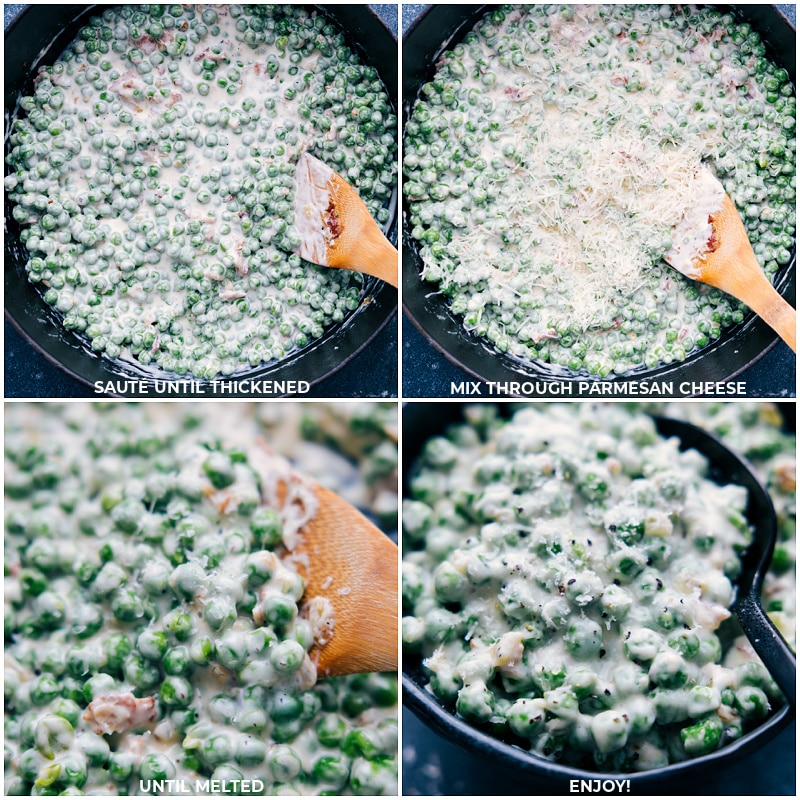 Process shots of Creamed Peas-- images of the sauce being thickened and then parmesan cheese being added