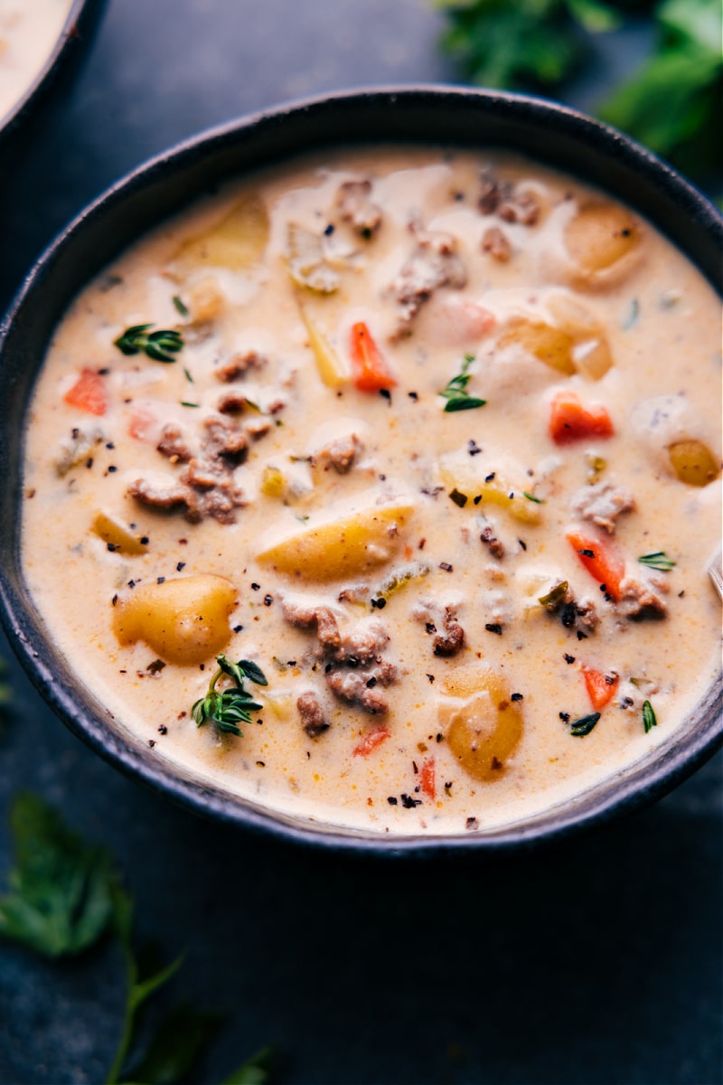 Close-up view of a bowl of Cheeseburger Soup