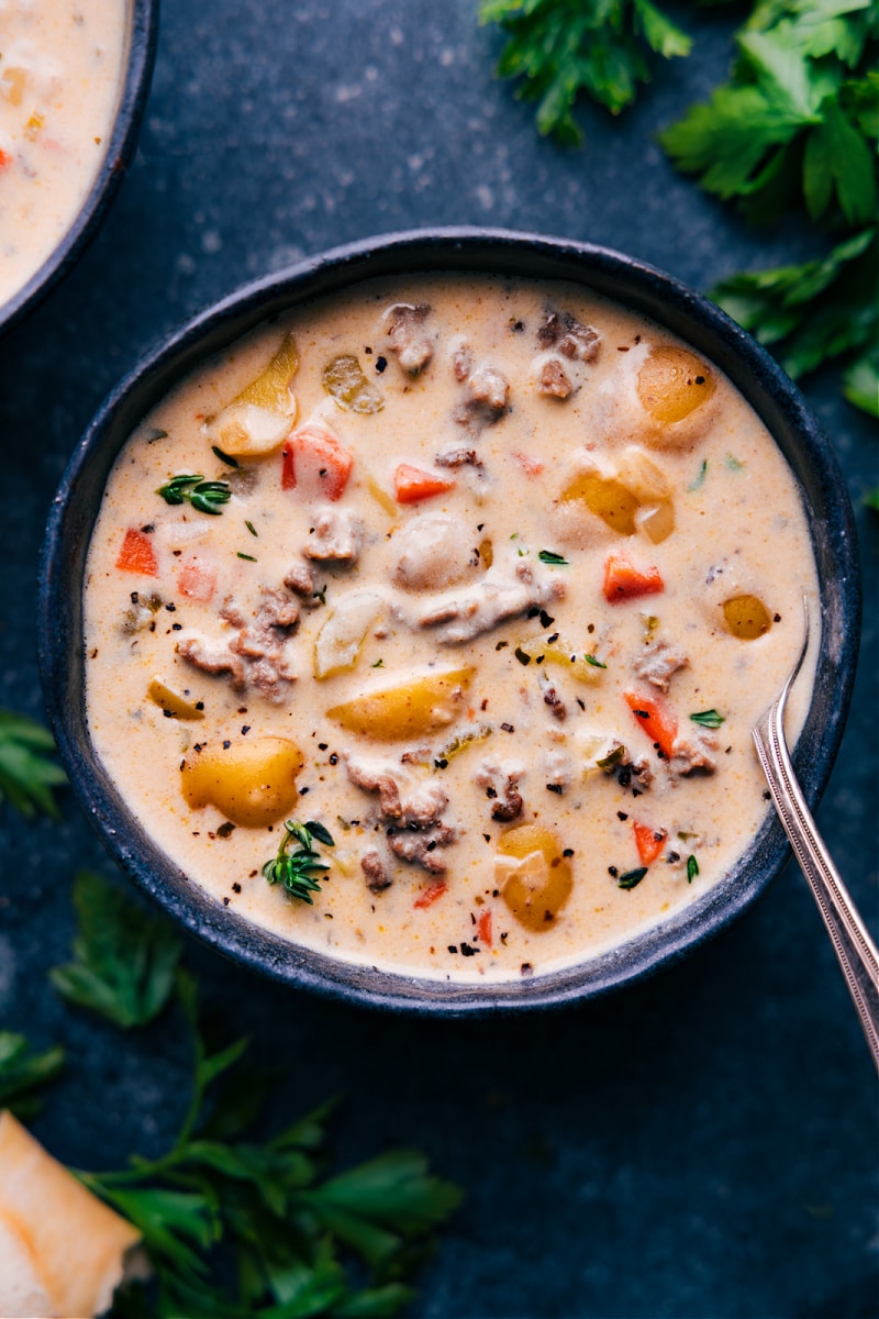 Overhead view of a bowl of Cheeseburger Soup