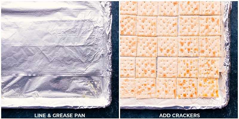 Process shots: Line and grease a sheet pan; add a layer of crackers to cover the pan